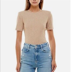 WAYF Skye Padded Shoulder Short Sleeve Bodysuit Size M Sand